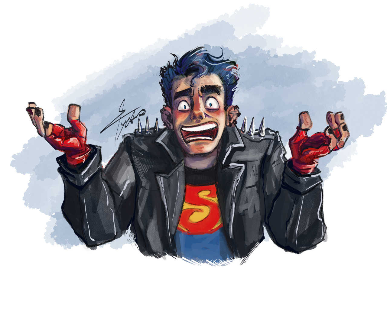 Waist-up painted drawing of Kon-el with his arms slightly raised and a distraught expression